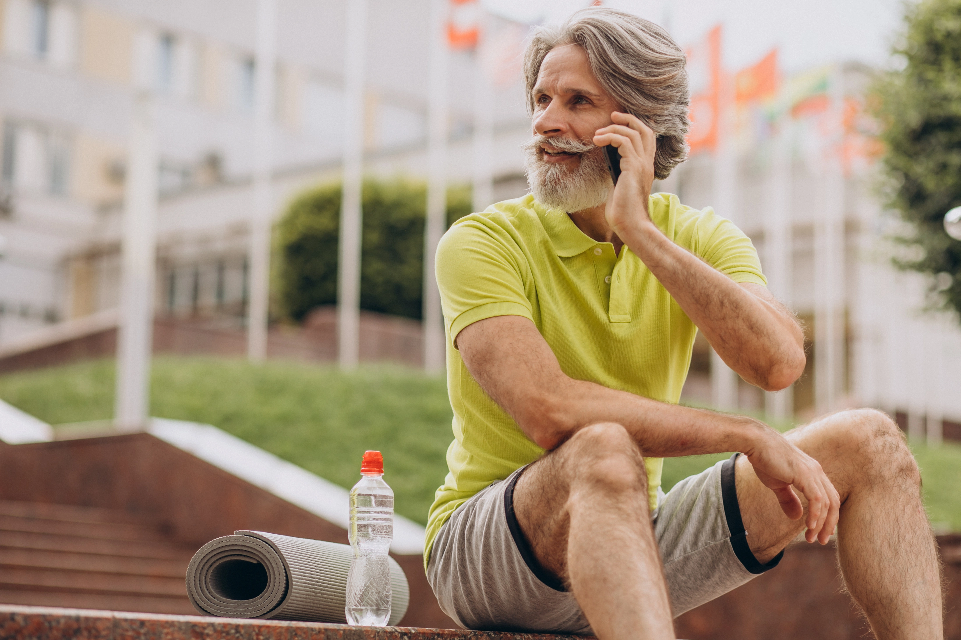 Calm illustration of an active man stretching in a bright home setting
